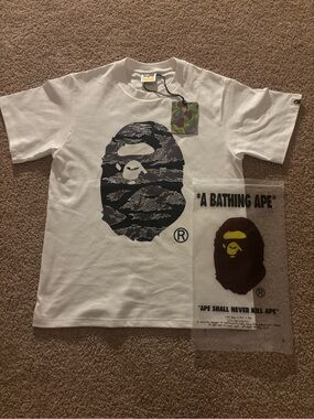 A Bathing Ape White Graphic Tee with Black/Gray Ape Logo